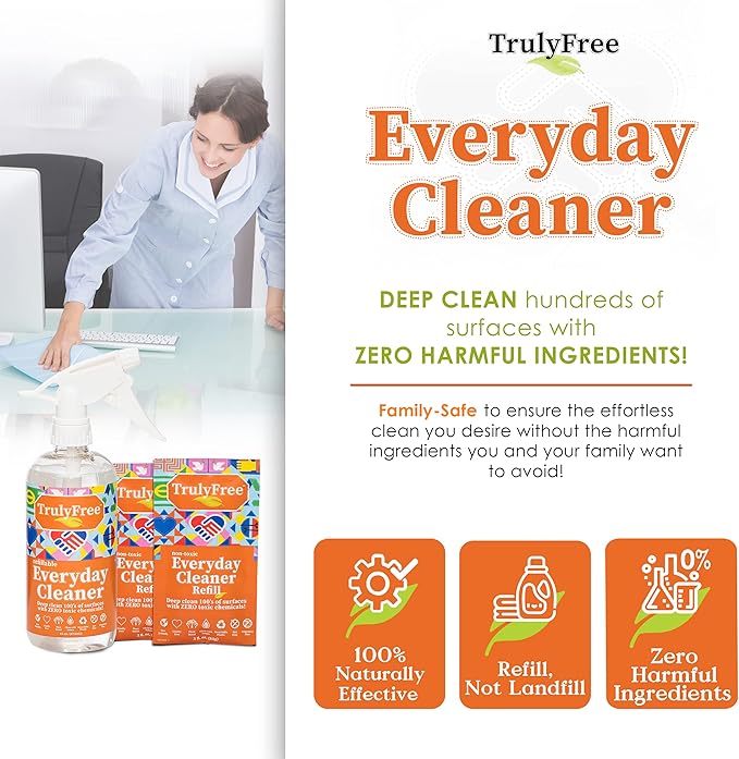 Truly Free Everyday Cleaner - Multipurpose Cleaner Spray, Kitchen Counter Cleaner, Natural Cleaning Products, Multi-Surface Household Solution, 1 Empty Bottle Spray (16oz) & 2 Refills (3oz each)