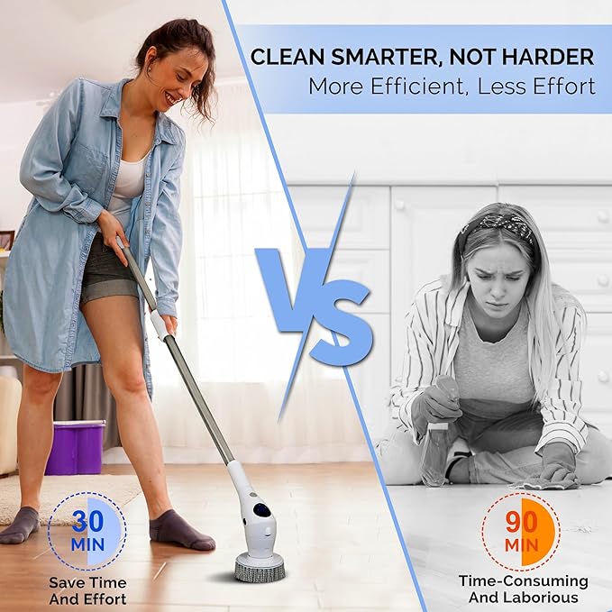 Electric Spin Scrubber, Cordless Power Brush with 8 Multi-Functional Heads, 3 Adjustable Speeds, IPX7 Waterproof, LED Display, Long Handle (13.8"-51"), Perfect for Bathroom, Tile, Kitchen, Car