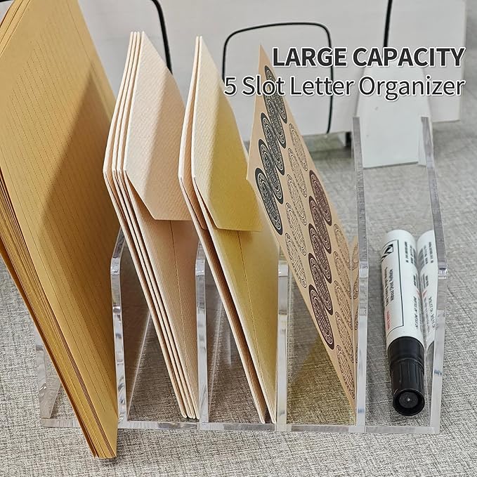 Acrylic Desk File Organizer Holder, Clear Acrylic Upright File Sorter Document Magazine Storage Organization Letter Folder Racks for Notebook,Home, Office & Classroom,5 Compartments