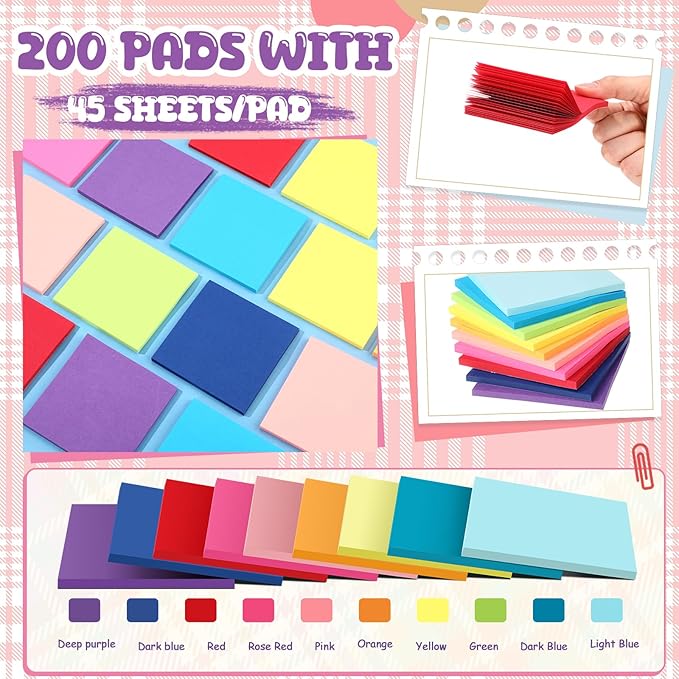 Zubebe 200 Pads Sticky Notes Bulk, Bright Colors Notepads Self Stick Note Square Memo Post Sticky for Office School, 45 Sheets/pad(3 × 3 Inch)
