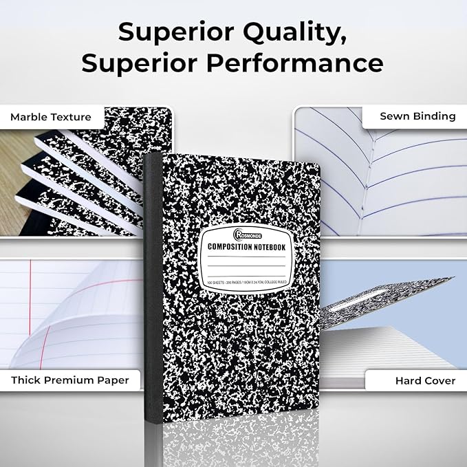 12 Pack Composition Notebook College Ruled Bulk, 200 Pages (100 Sheets), 9-3/4 x 7-1/2, Hard Cover College Ruled Notebook Bulk, Black Marble Composition Notebook College Ruled, Bulk Notebooks