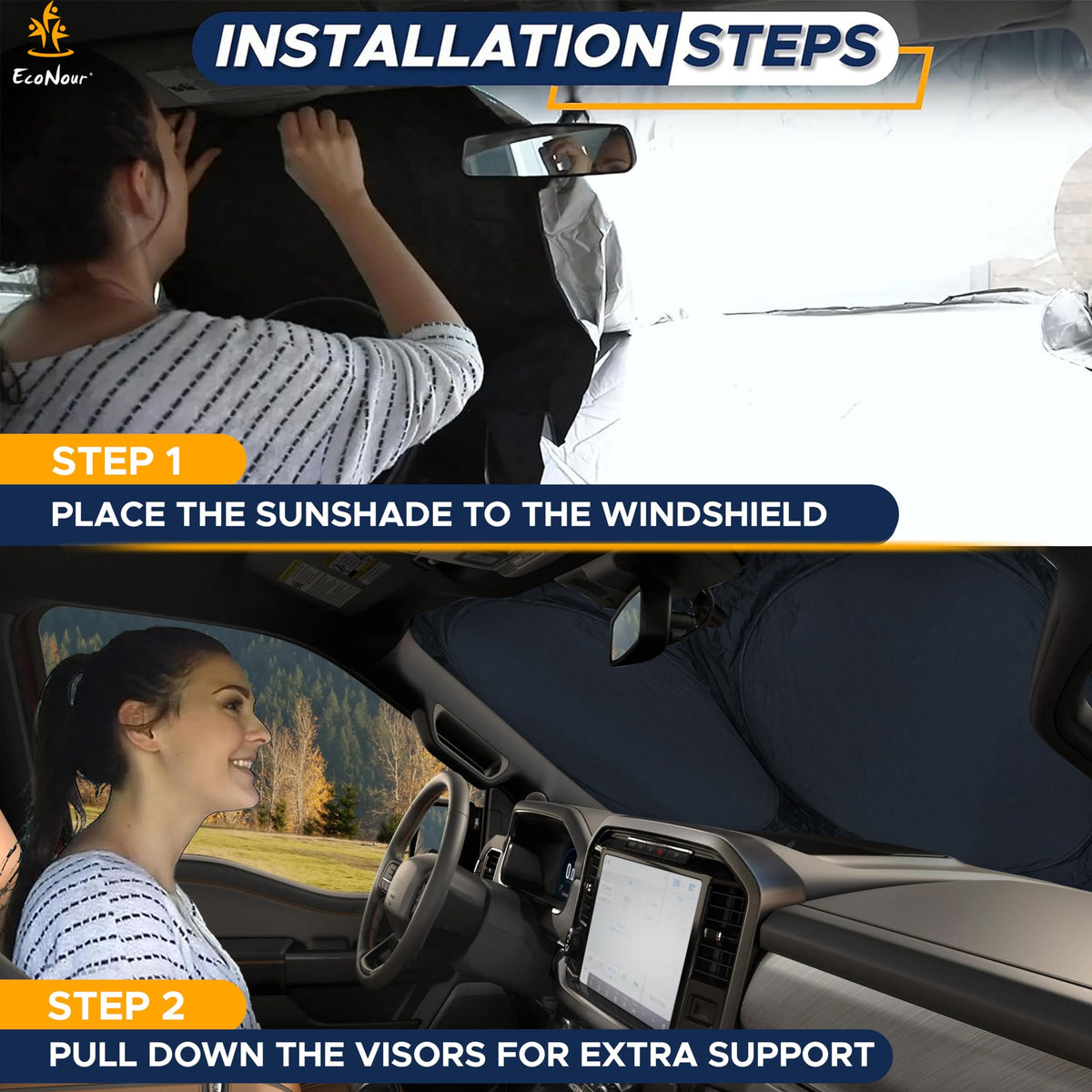 EcoNour Truck Windshield Sun Shade with Storage Pouch - Reflective 240T Material Truck Windshield Cover - Foldable Sun Shield UV Dashboard Protection from Sun Heat | X-Large (69 x 35 inches)
