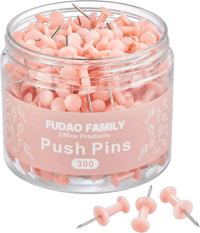FUDAO FAMILY 300pcs Push Pins for Bulletin Board, Thumb Tacks for Wall Corkboard, Map Pins - Home Office School Craft Projects Plastic Head Steel Push Pin (Pink)