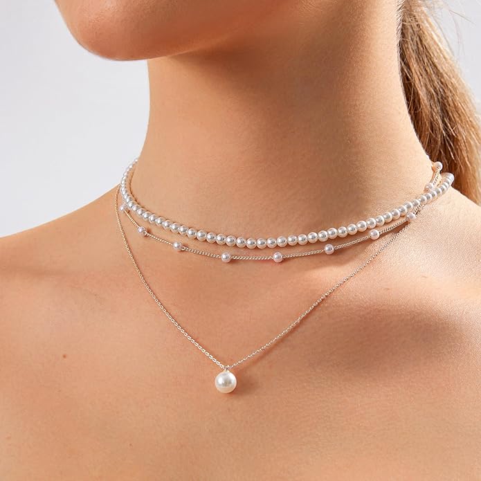 Zeffy Gold Pearl Necklace for Women, Dainty 14K Gold/Silve Plated Layered Pearl Choker Pearl Earrings Pearl Bracelets Wedding Trendy Gold Jewelry Set for Women Gifts