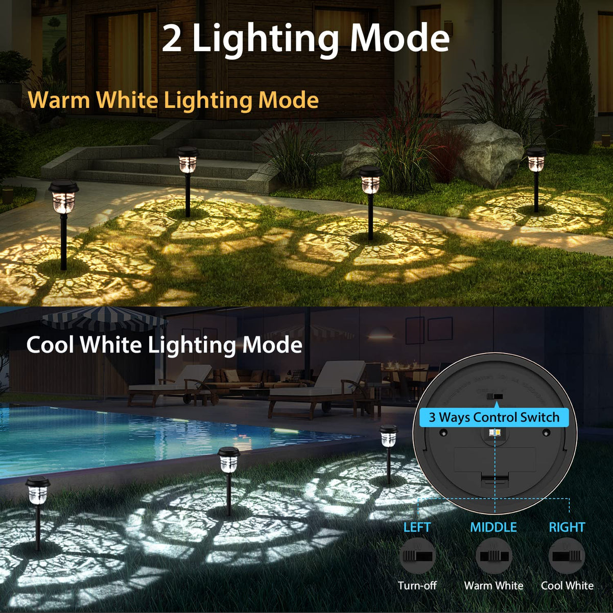 XMCOSY+ Solar Pathway Lights Outdoor, High Lumens LED Garden Lights with 2 Lighting Modes, Solar Powered Light, IP65 Waterproof Auto ON/Off for Yard Walkway Driveway Decor (Warm & Cool White)