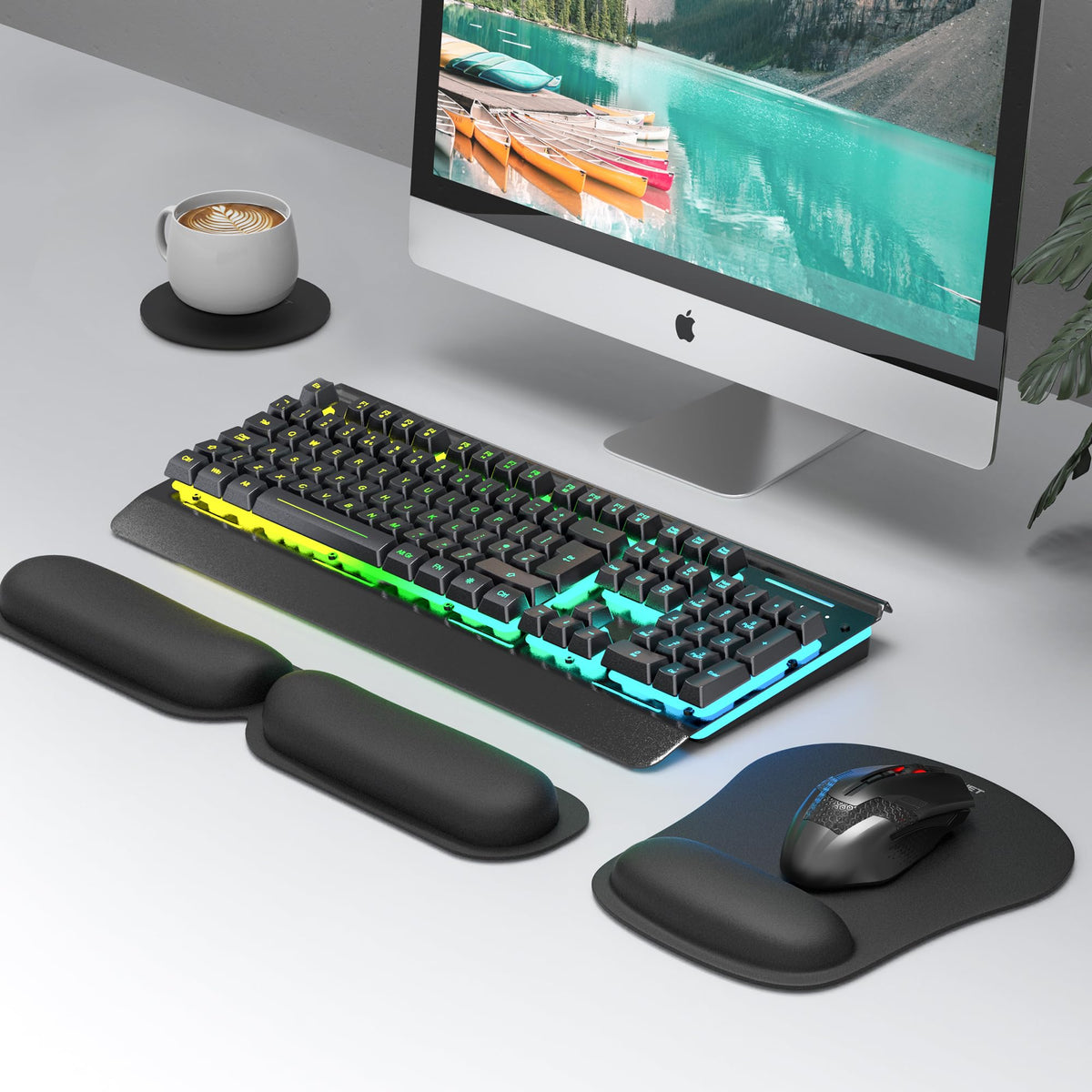 TECKNET 3-in-1 Ergonomic Mouse Pad & Keyboard Wrist Rest Set – Foldable Memory Foam Support, Non-Slip, Portable for Travel, Office, Laptop & Computer Use