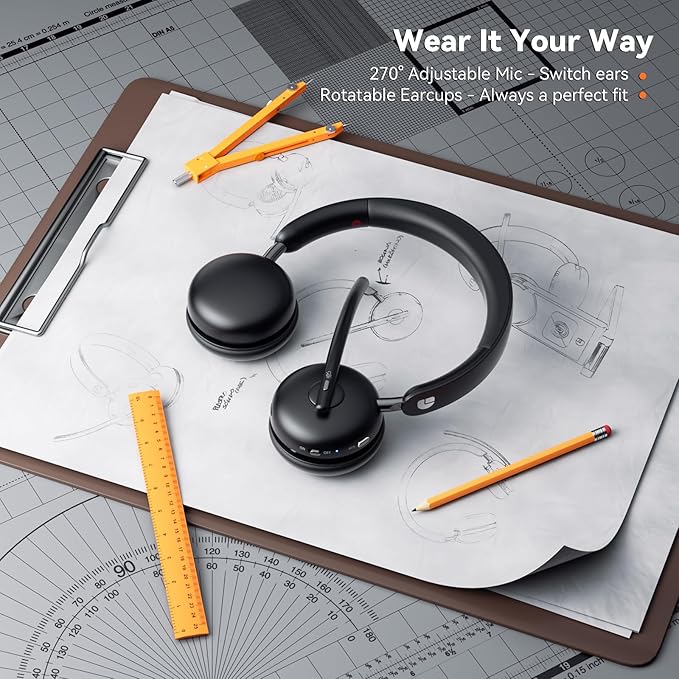 Wireless Headset with Mic for Work-Bluetooth 5.3 Headset with Noise Cancelling, Wireless Headsets with 65Hrs Battery & 10Min Fast Charge, Smart Dock with Digital Display for PC/Computer/Teams