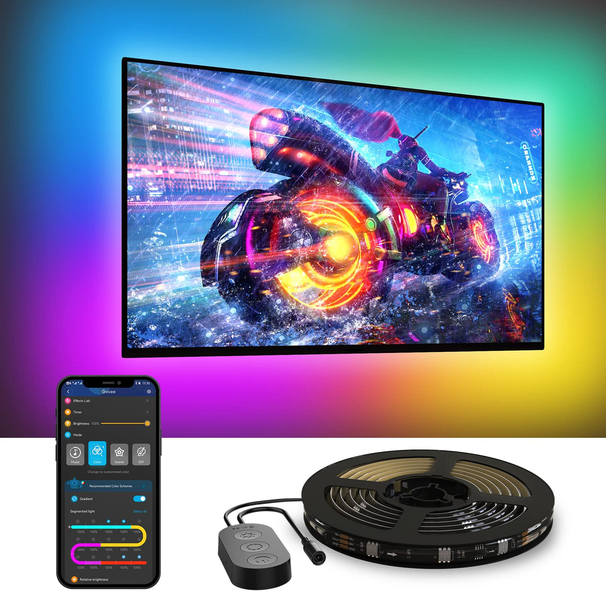 Govee TV LED Backlight, RGBIC Smart LED Strip Lights for 55-65 Inch TVs, Bluetooth and Wi-Fi APP Control, Works with Alexa & Google Assistant, Music Sync, 99+ Scene Modes, Adapter