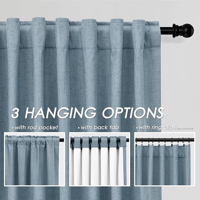 Nanspring Blue Linen 100% Blackout Curtains 95 inch Length Back Tab Rod Pocket Drapes Thermal Insulated Textured Living Room Black Out Curtains 2 Panels Set 52x95