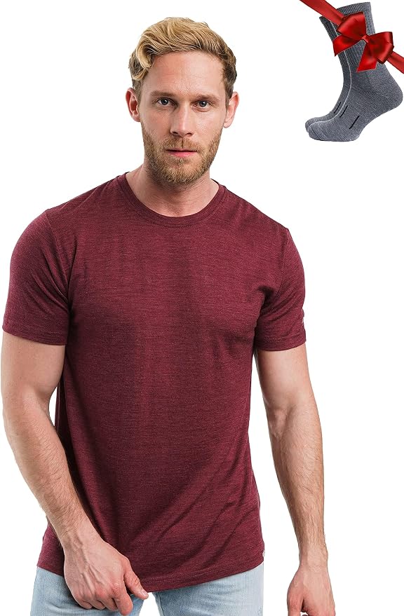 Merino Wool T-Shirt Mens - Merino Wool Undershirt Thermal Shirt for Men and Hiking Socks
