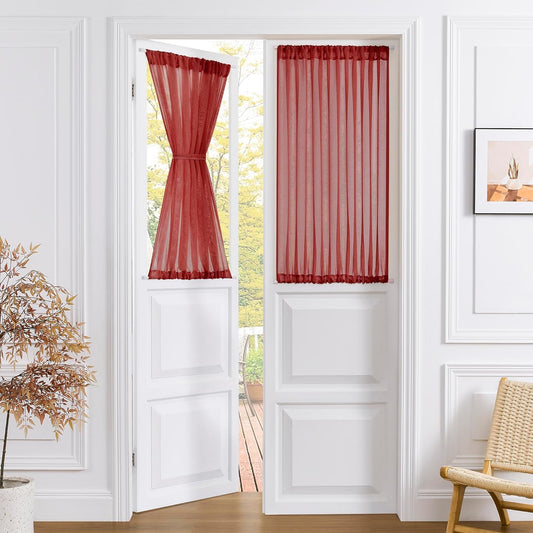 Tollpiz Short Sheer Door Curtain Closet Linen Textured Curtain Sheers Doorway Light Filtering Voile Patio Glass Door Rod Pocket Curtains French Door, 54 x 54 inches Long, Burgundy Red, Set of 1 Panel