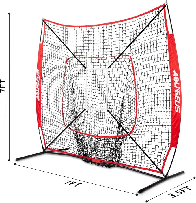 7'X7' Baseball Softball Practice Net,Pitching Net,Batting Net,with Baseball Tee,Bonus Strike Zone and Bow Frame,for Hitting,Pitching, Catching