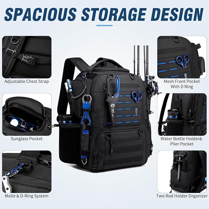 Fishing Tackle Backpack with Tackle Boxes, Two Rod Holders, Bottle Holder, 50L Waterproof Tackle Bag for Fishing Gear, Fish Gifts for Men, Black (4 Tackle Boxes Included