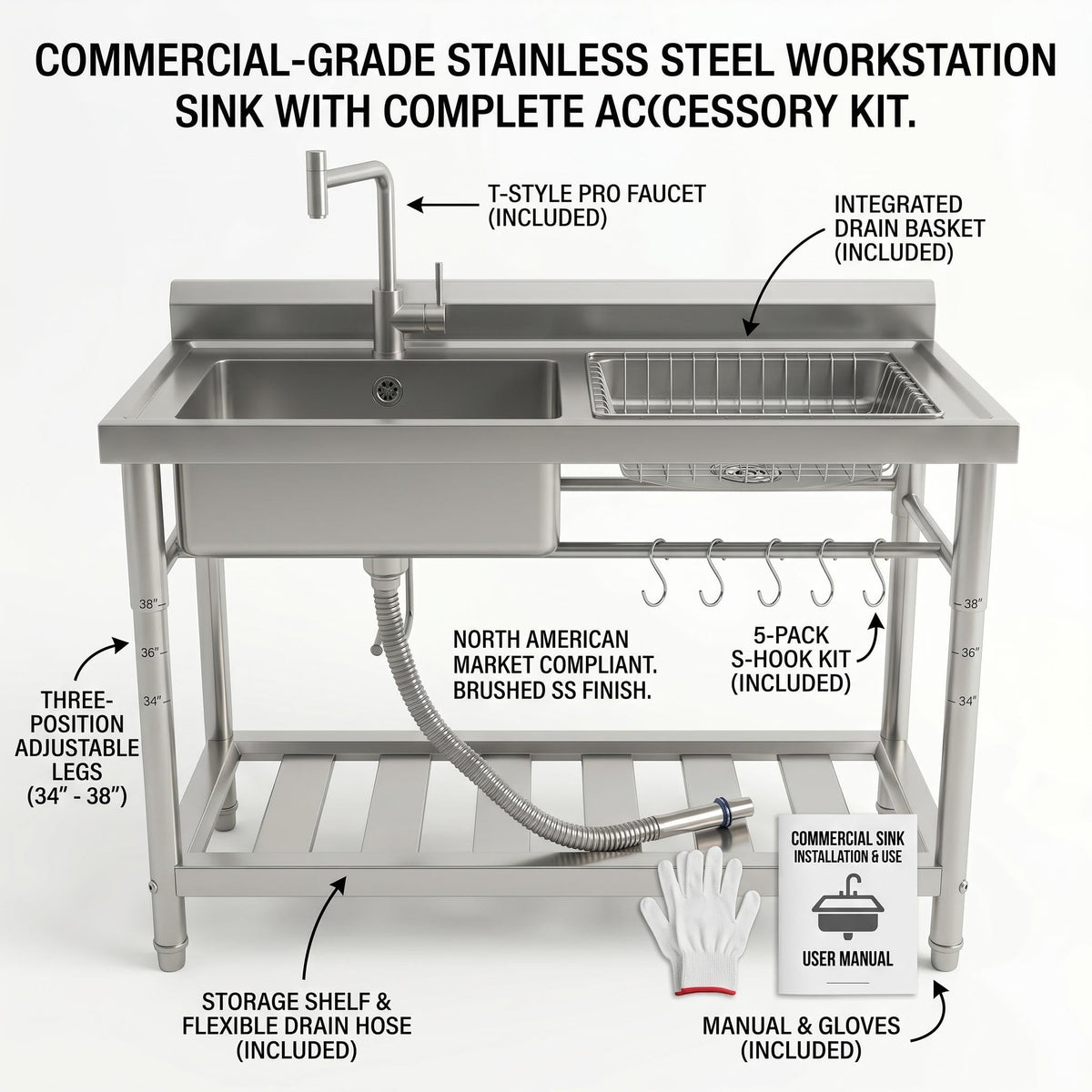 Freestanding Utility Sink 47" x 20" x 37", Left Side Single Bowl with Right Side Countertop and Storage Drawer, Stainless Steel Laundry Sink with T Shape Faucet, Workbench for Garage or Laundry Room