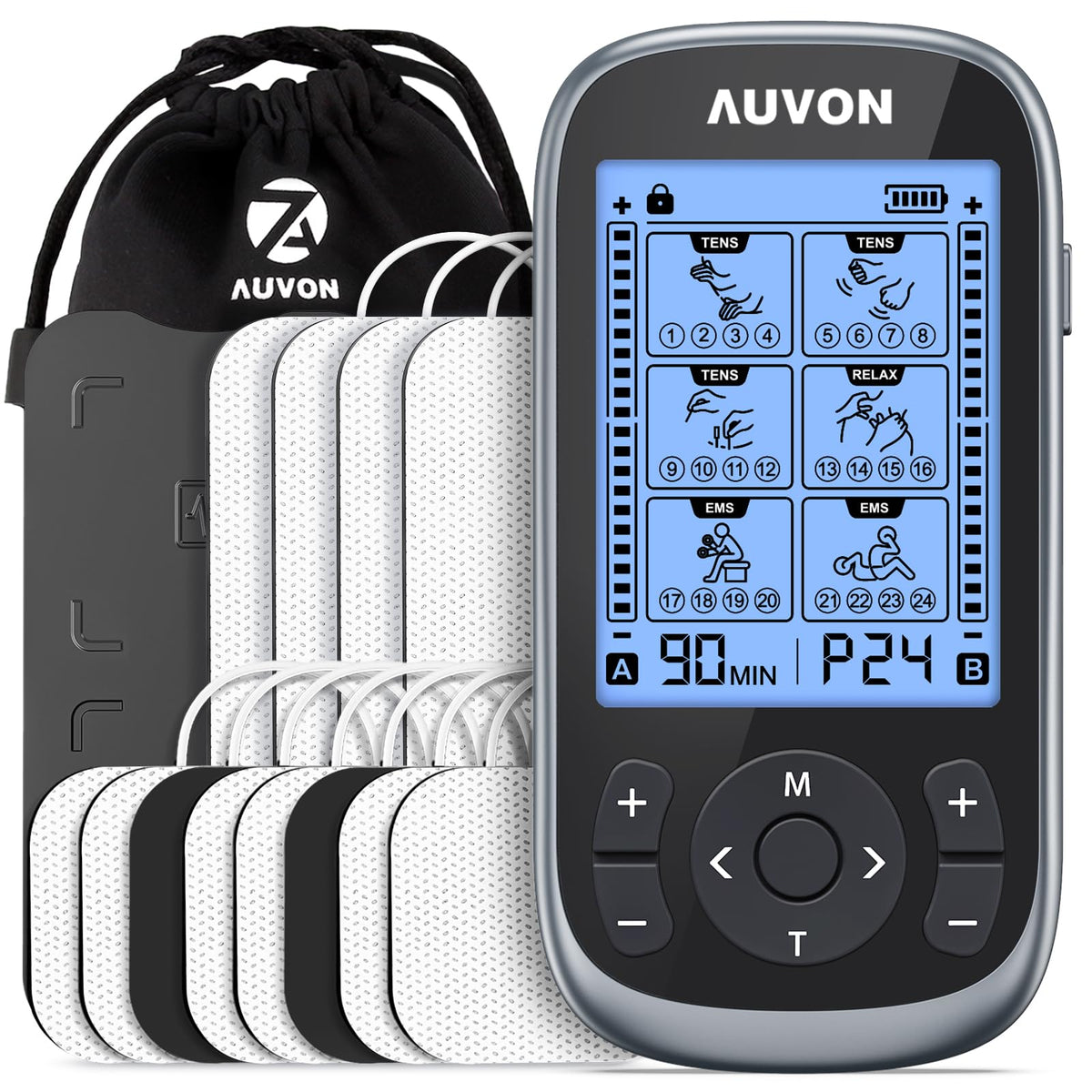 AUVON 3-in-1 TENS Unit Muscle Stimulator, EMS Massage Machine with 40 Intensities for Gradual Shoulder, Sciatica, Back Pain Relief, 24 Modes Rechargeable Electronic Pulse Massager with 12 TENS Pads