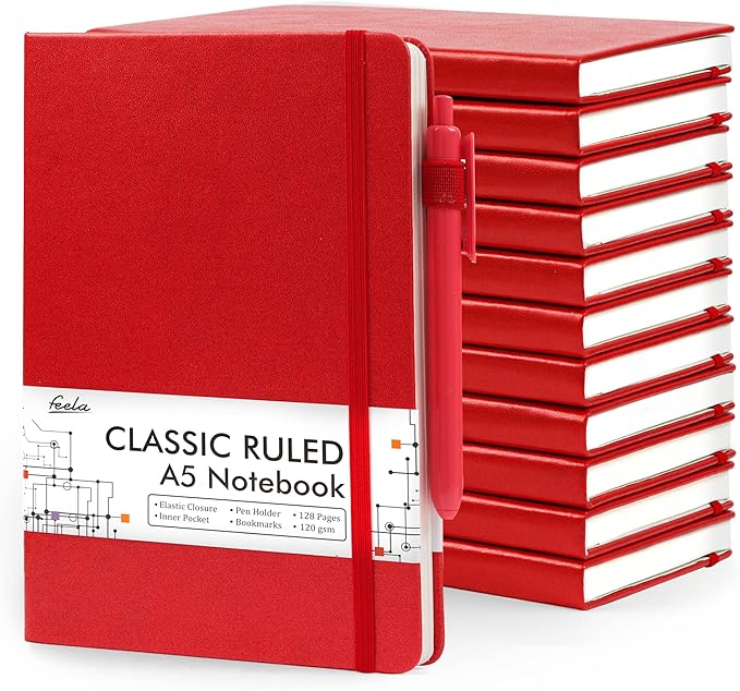 feela 12 Pack Notebooks Journals Bulk with 12 Black Pens, A5 Hardcover Notebook Classic Ruled Journal Set with Pen Holder for School Business Work Travel Writing, 120 GSM, 5.1”x8.3”, Red