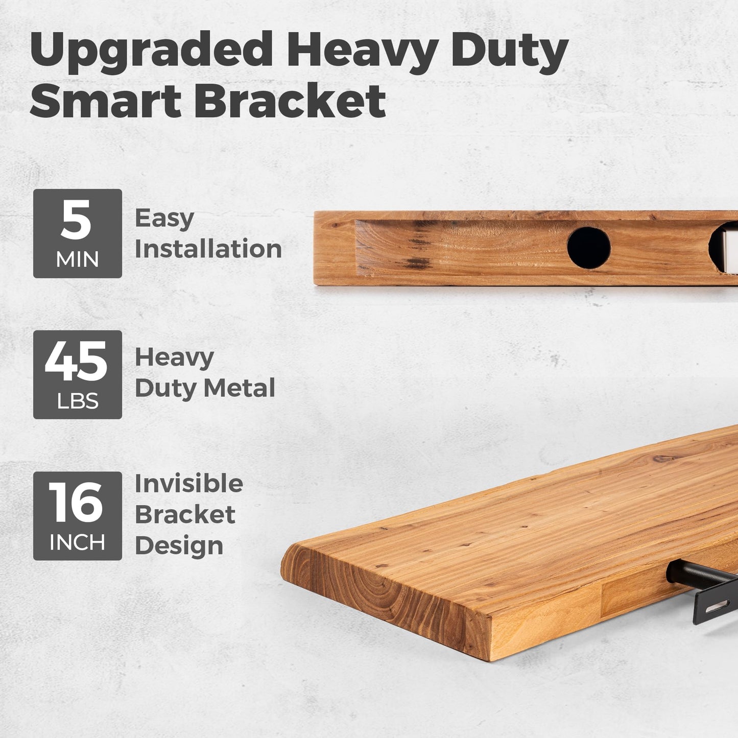 RICHFOCUS Live Edge Elm Floating Shelves - 24" W x 9.3" D Rustic Solid Wood Wall Shelves with Invisible Bracket, Wall-Mounted for Living Room, Bedroom, Kitchen Storage & Display, Set of 2, Natural