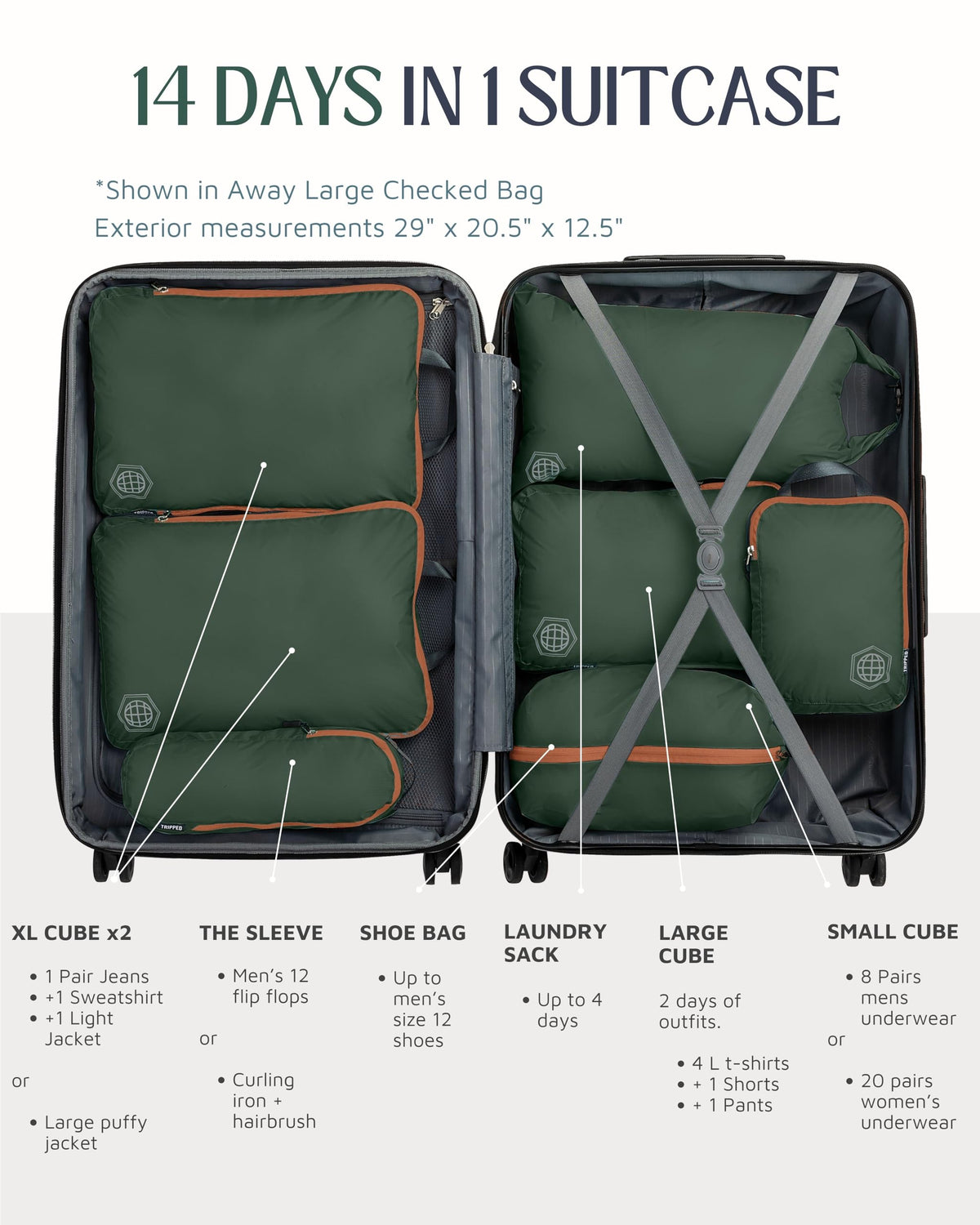 Large Compression Packing Cubes for Travel-Packing Cube Luggage Organizers 7 Piece Set for Checked Luggage-Ultralight, Expandable/Compression Bags by TRIPPED Travel Gear (Green and Brown)