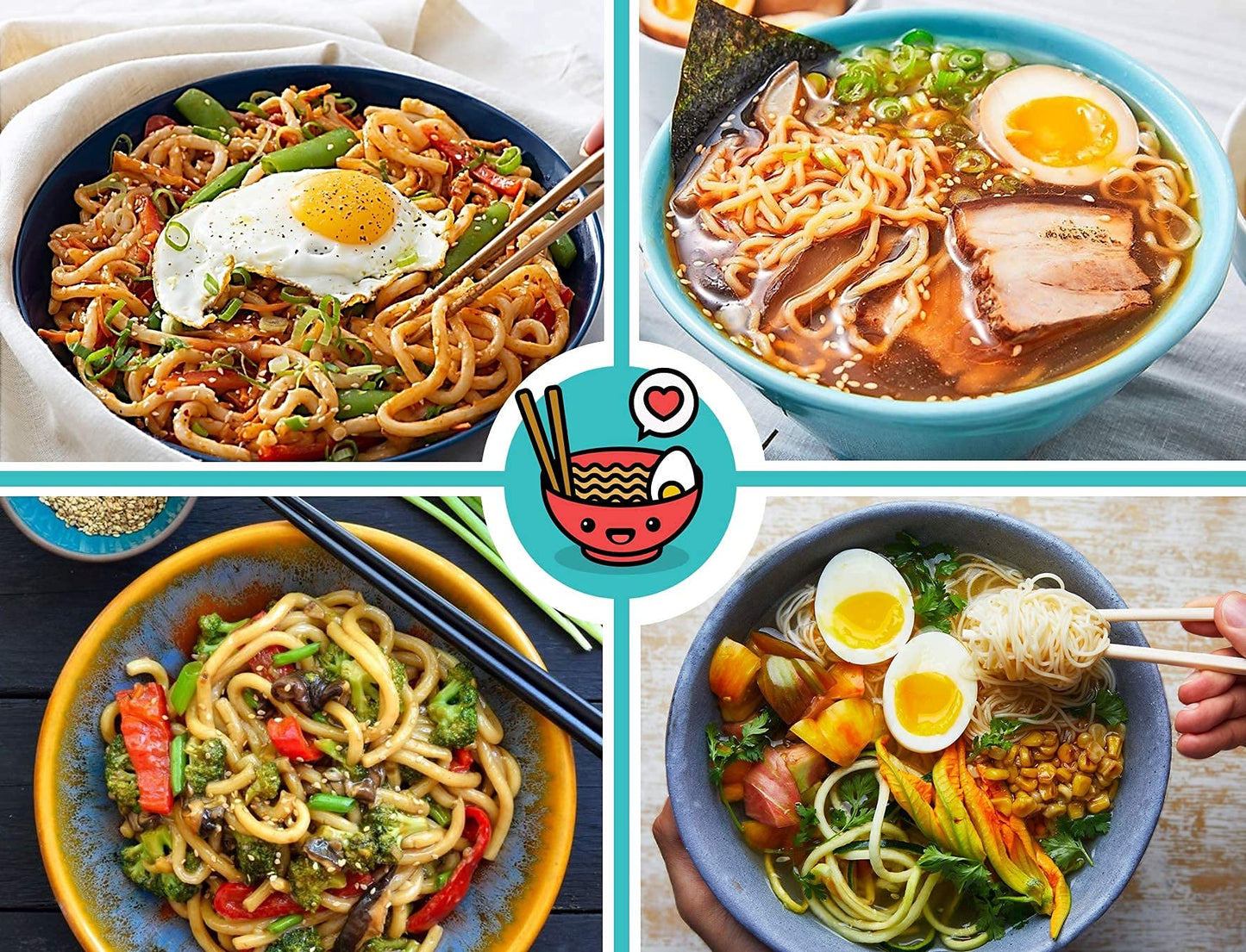 Practimondo 4 Noodle Bowls Set - large 32oz Ramen Bowl Set for authentic Asian Cuisine - with Dipping Bowls, Spoons, Chopsticks & Chopstick Stands. Enjoy Thai Miso Udon Wonton (4 Bowl Set, Black)