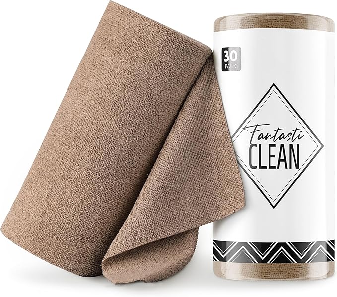 Fantasticlean Microfiber Cleaning Cloth Roll -30 Pack, Tear Away Microfiber Towels, 12" x 12", Reusable, Washable, Scratch Free, Ultra Absorbent Dishcloth for Car, Home Supplies, Pet, Kitchen (TAN)