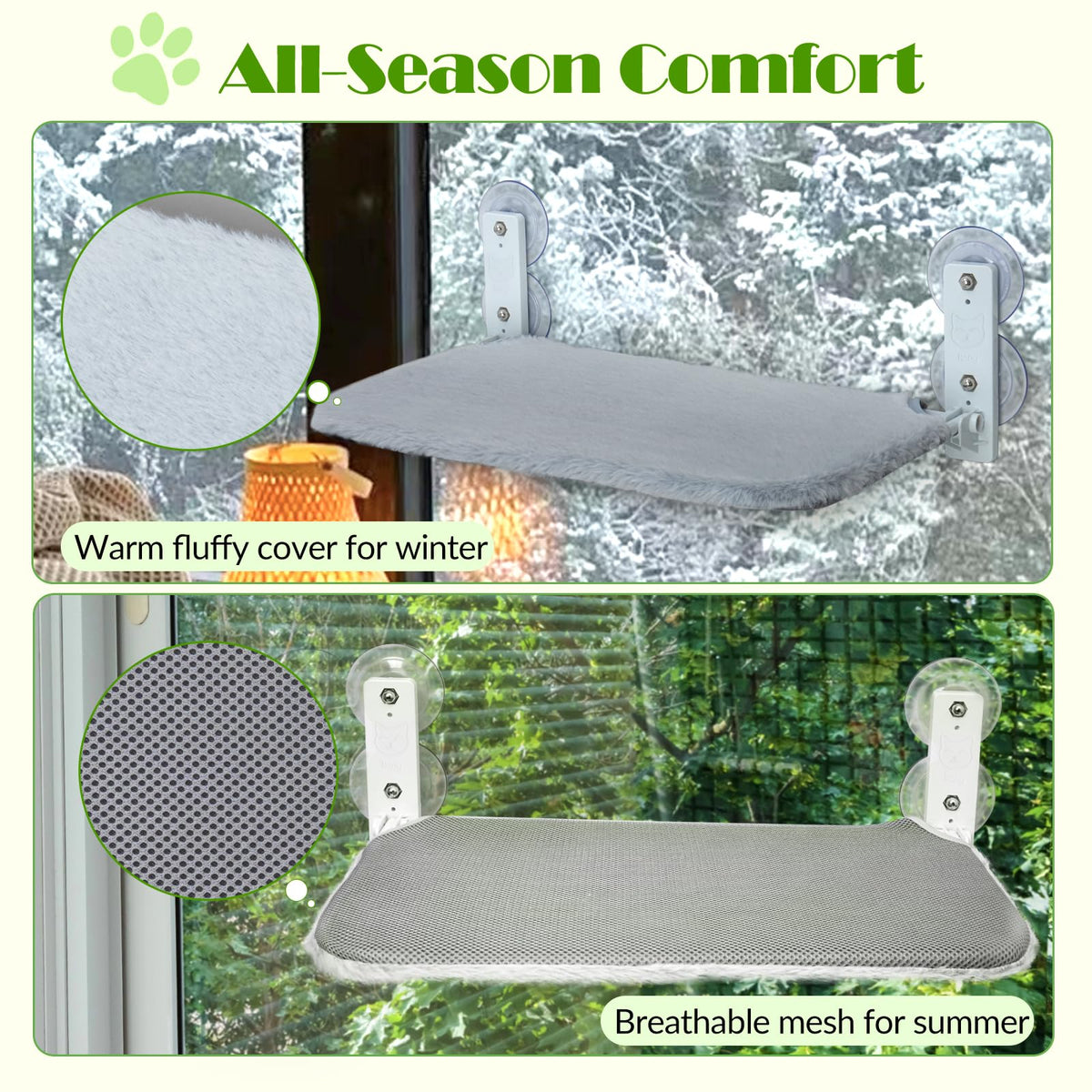keny Cordless Cat Window Perch, Foldable Cat Window Hammock with 4 Suction Cups, Reversible Cover with Two Different Kinds of Fabrics, 40Lbs Load Capacity Sturdy Cat Window Bed for Cats Inside, Grey