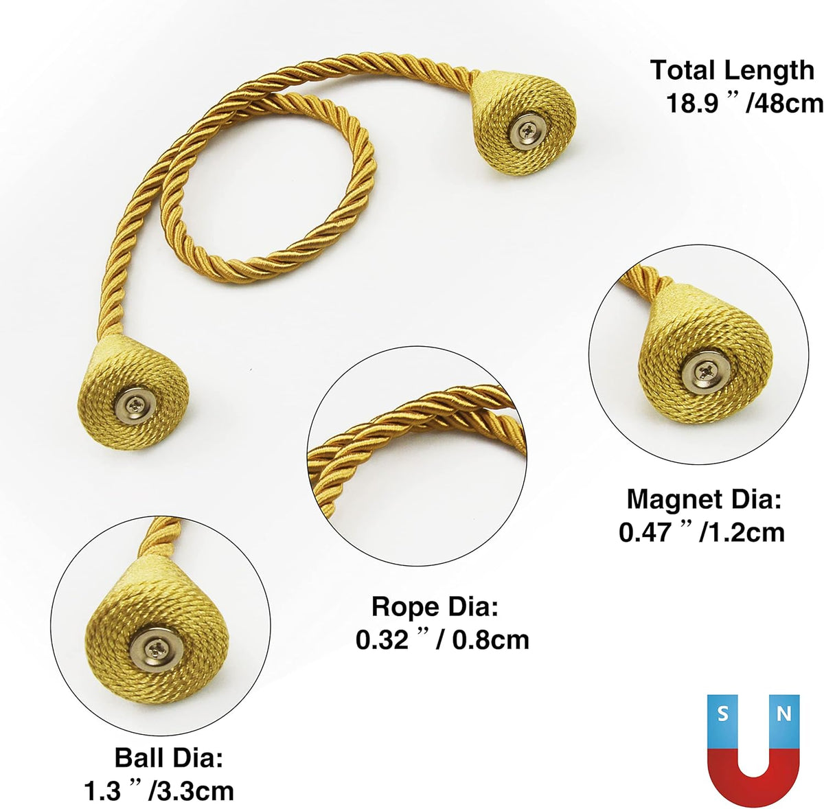 4 Pack Magnetic Curtain Tiebacks Rope Modern Handmade Curtain Tie Backs Decorative Drapes Weave Holdbacks for Window Décor, Gold