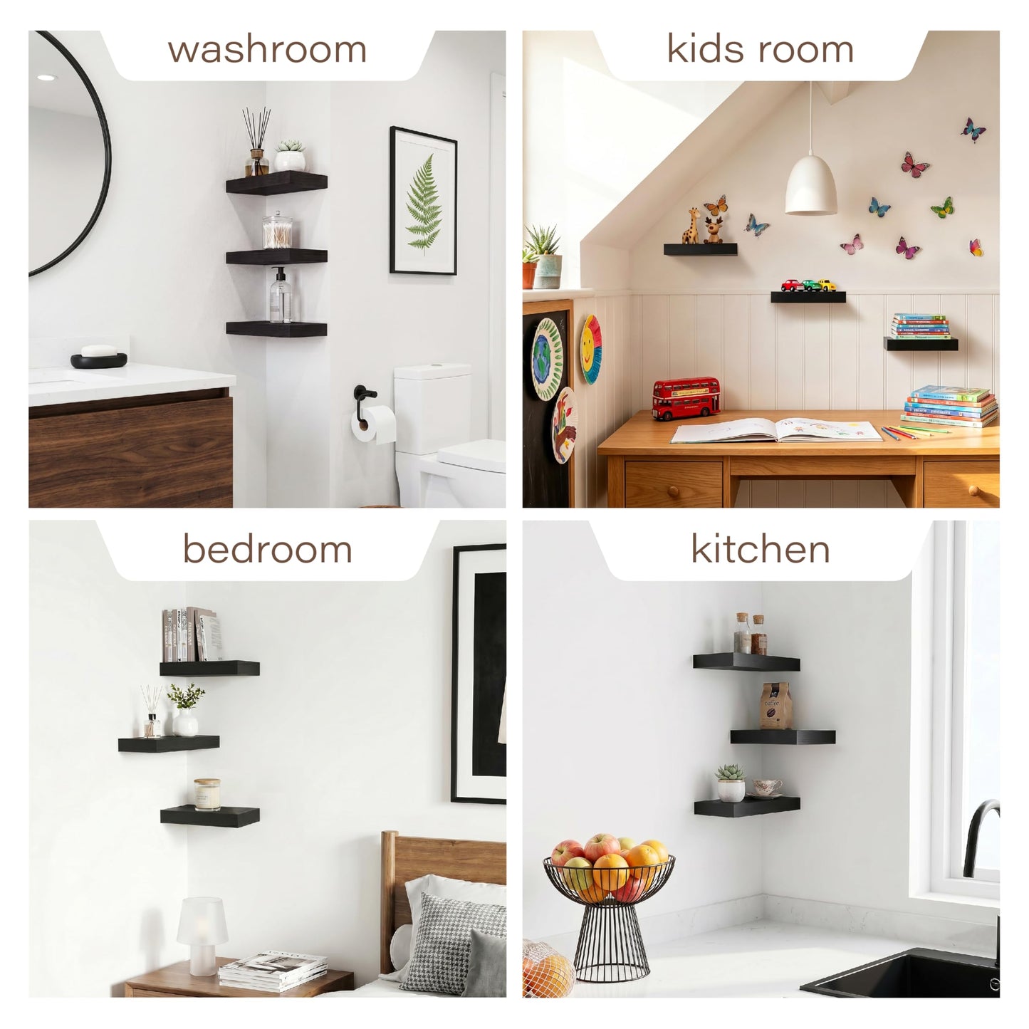 Modcraft Black Floating Wall Shelves for wall 3-Pack, 11.8" Small Wall Mounted Shelves, Sturdy Multi-Set Storage & Display for Bathroom Over Toilet, Kitchen, Living Room, Bedroom