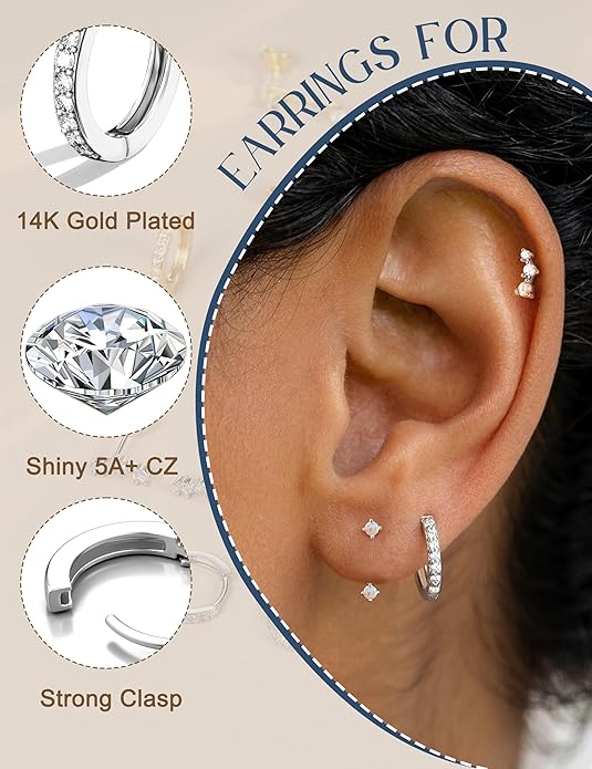 FIASASO 3 Pairs 925 Sterling Silver Hypoallergenic Earrings for Women Trendy - 14K Gold Plated Stud Hoop Cartilage Earrings Set Small Earring Stacks for Sensitive Ears Non Tarnish Dainty Silver Earring