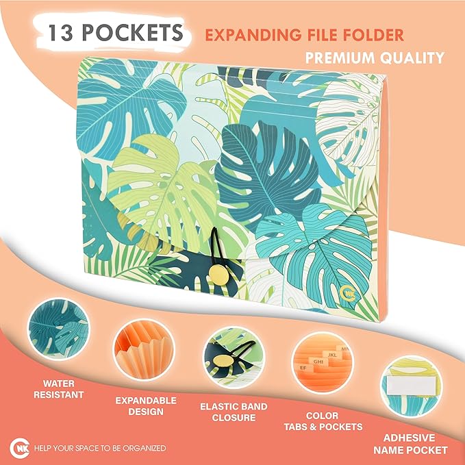 CNK File Folders Organizer with 13 Pockets Accordion Expanding Folder Documents Receipt Document Paper Pocket Filing Accordian Important expandable holder files alphabetical Labels Letter