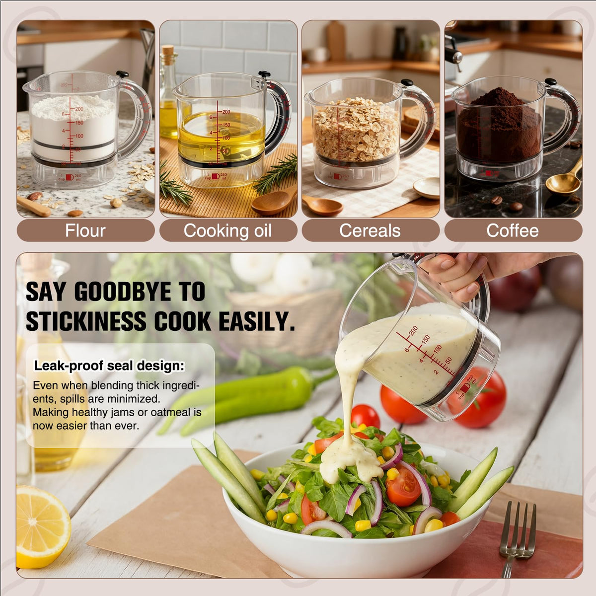 Saysurey 4 In1 Adjustable Measuring Cup Set Multi with Scraper Style Seal Base Adjustable Measuring Spoon Measurement Conversion Chart Space Saving Easy to Clean for Baking Cooking