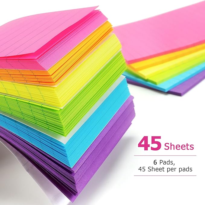 Early Buy Lined Sticky Notes with Lines 4x6 Self-Stick Notes 6 Bright Color 6 Pads, 45 Sheets/Pad
