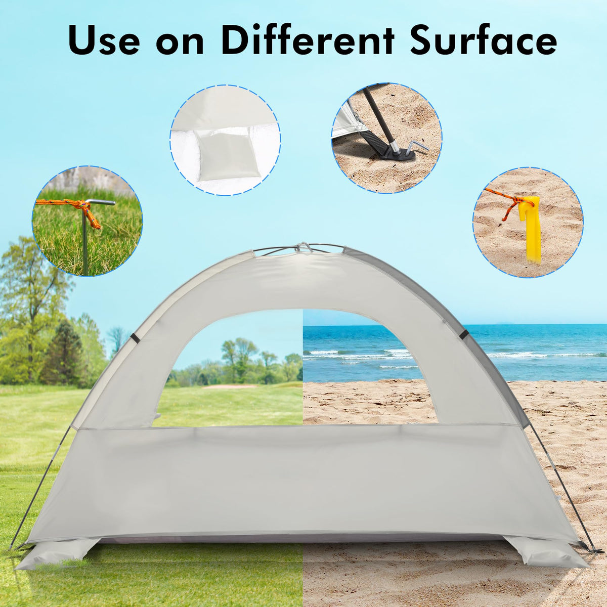 WhiteFang Beach Tent Anti-UV Portable Sun Shade Shelter for 3 Person, Extendable Floor with 3 Ventilating Mesh Windows Plus Carrying Bag, Stakes and Guy Lines (Baby's Breath)