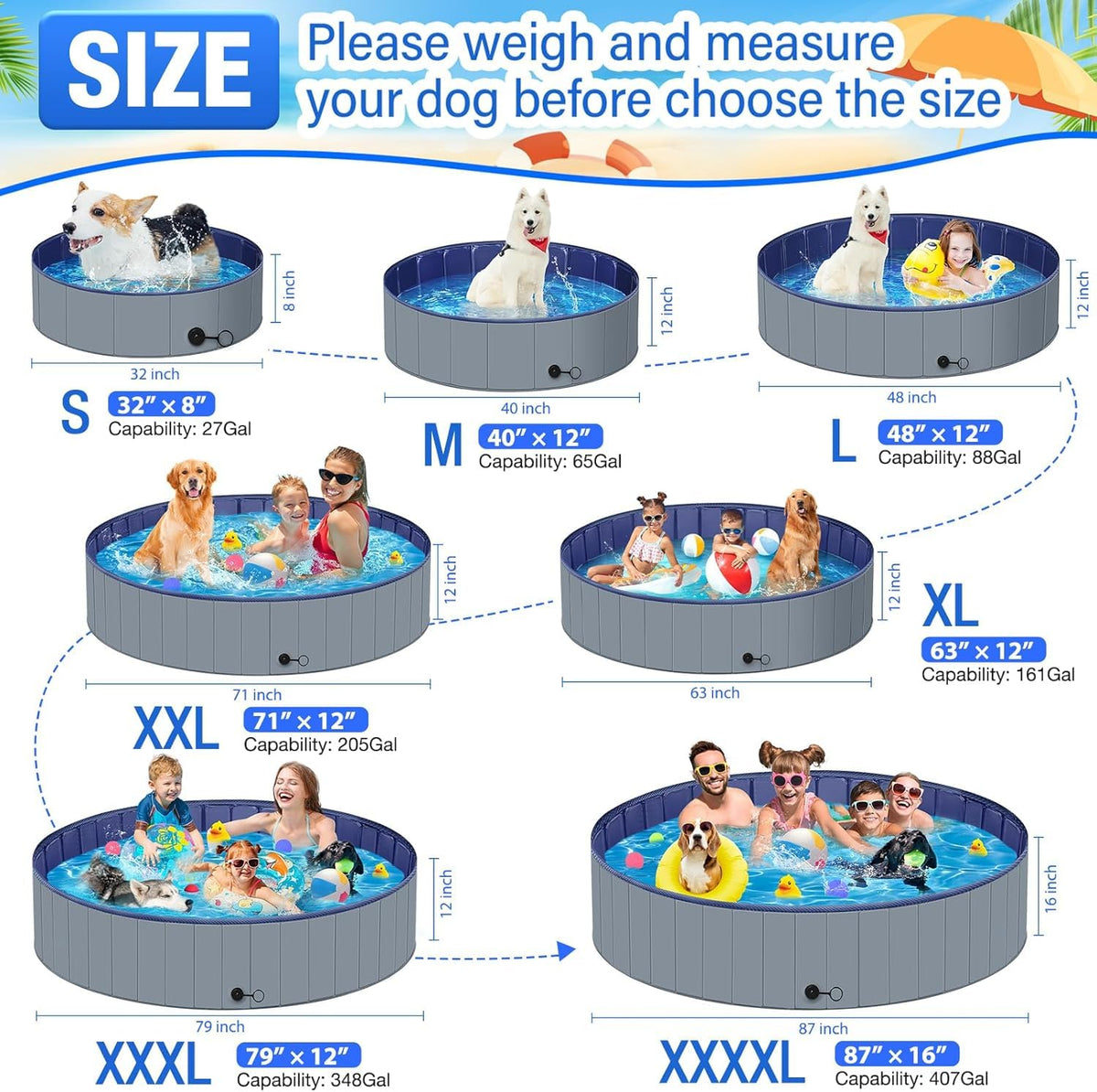 Dog Pool for Large Dogs, Kiddie Pool Hard Plastic, Dog Bathtub Portable, Foldable Pool for Dogs Slip-Resistant (Dark Gray, XL-64"x12")