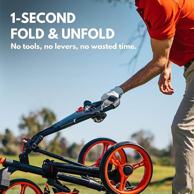 Qwik-Fold 3-Wheel Golf Push Cart with 360° Swivel Front Wheel & Foot Brake – 1-Second Folding Golf Trolley, Lightweight Aluminum Frame, Umbrella Holder, Cup Holder & Storage