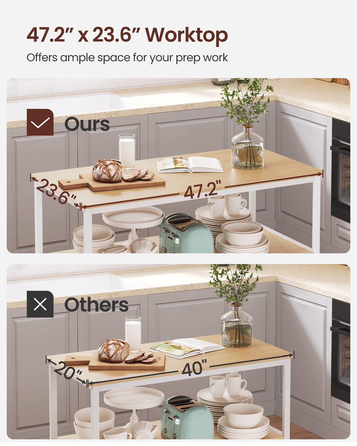 VASAGLE Kitchen Island with 3 Shelves, 47.2 Inches Width Kitchen Shelf with Large Worktop, Stable Steel Structure, Industrial, Easy to Assemble, Oak Color and White UKKI001W09