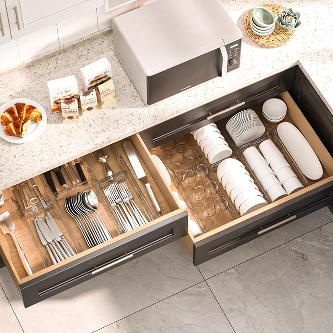 HiYZ Expandable Drawer Dividers - 12.6-22.8'' Adjustable Drawers Organizers for Kitchen Utensils, Drawer Separators in Bedroom, Dresser, Office, Bathroom, Fridge, 12 Pack Long Dividers-Clear
