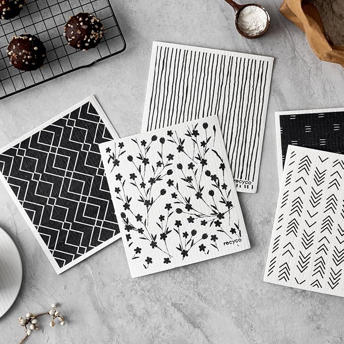 RECYCO Swedish Dishcloths for Kitchen | 5 Pack Geometric Washable Dish Rags | Cellulose Reusable Cleaning Paper Towels | Absorbent Counter Dish Cloth Sponge Kitchen Wipes, 8" L x 7" W