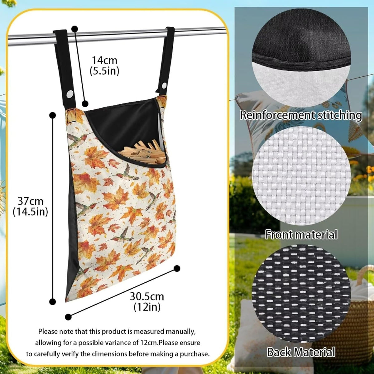 Maple Leaf Large Capacity 14.5 x 12 Inch Clothespin Bag with Hanging Hook Hummingbird Waterproof Clothes Pin Hanging Bag Clothespin Storage Organizer with Large Opening