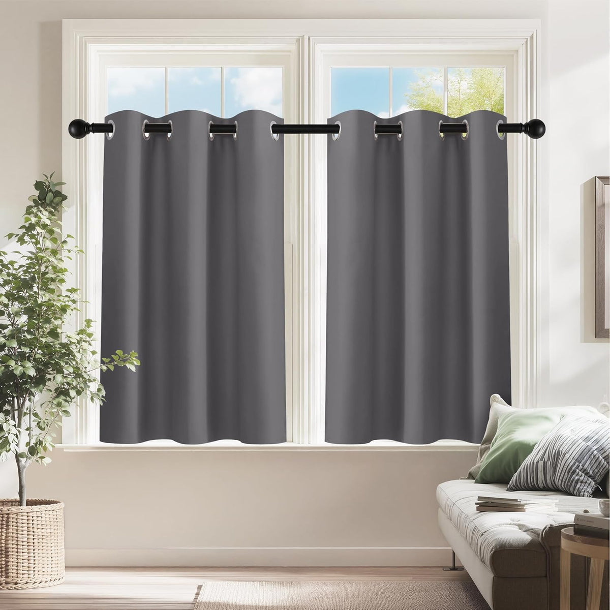 PONY DANCE Kitchen Curtains 24 inch Length - Blackout Camper Curtains for Travel Trailers, Set of 2 Panels Tiers, Short Small Window Drapes for Bathroom & Basement, Ideal for RV Camper, Grey