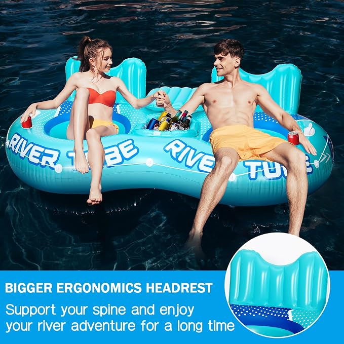 Inflatable River Tube Float, 2 Person Heavy Duty Pool Float with Built in Cooler, Ergonomic Backrest and Cup Holders for Adults, Lake Water Tubes for Floating Summer Relaxation