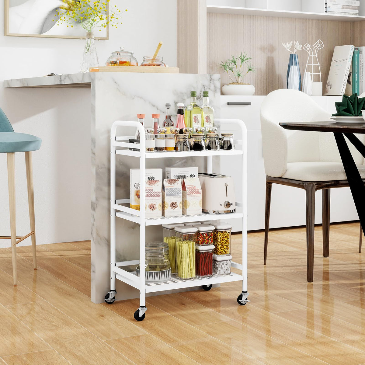 HDANI 3 Tier Rolling Cart,Heavy Duty Multifunctional Metal Frame-Supports 22 Lbs Per Tier,Rolling Cart with 2 Lockable Wheels for Office,Home,Bedroom,Kitchen,Bathroom (White)…