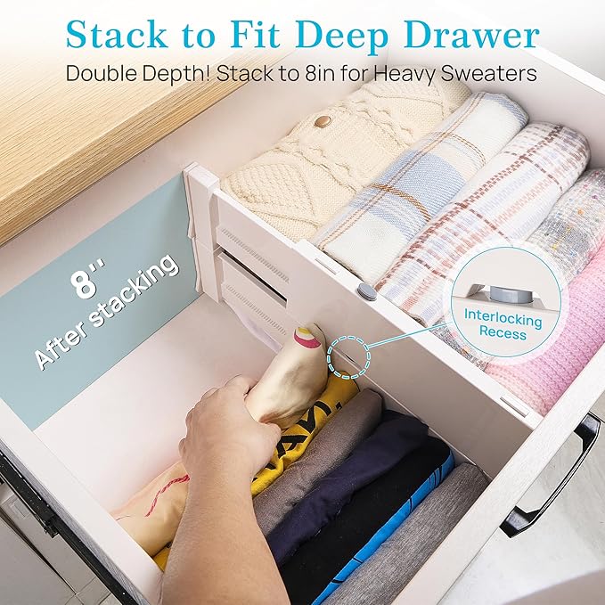 Vtopmart Drawer Dividers for Clothes 8 Pack, Adjustable 4" High Expandable from 11.6"-17" Dresser Drawer Organizer, Plastic Drawers Separators for Dresser, Baby Clothes, Kitchen and Office Storage