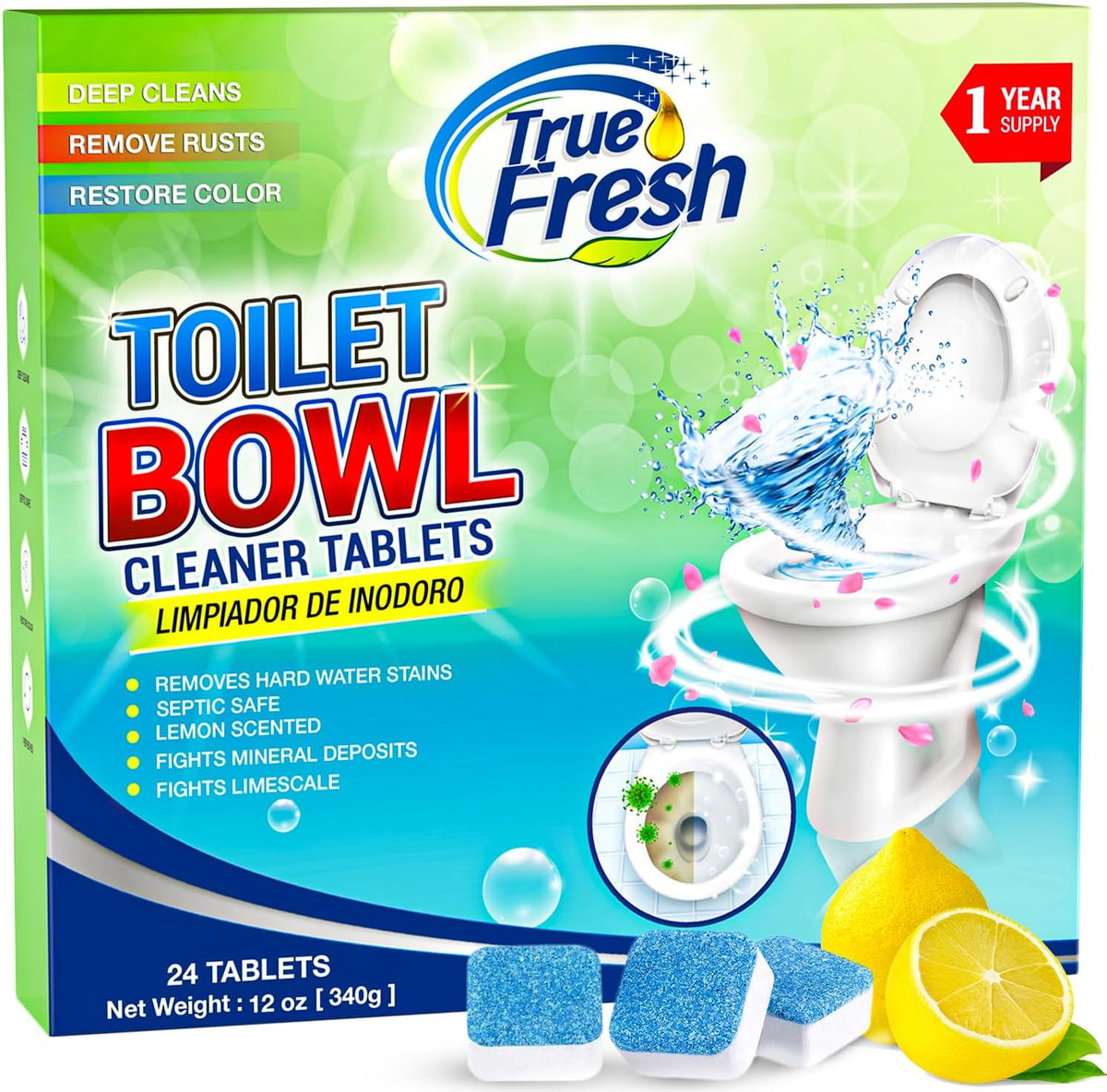 True Fresh Toilet Bowl Cleaner Tablets 24 Pack â Deodorizer & Septic Safe â Deep Cleaning, Odor Eliminator, Stain Remover for Long-Lasting Freshness â Fresh Lemon Scent