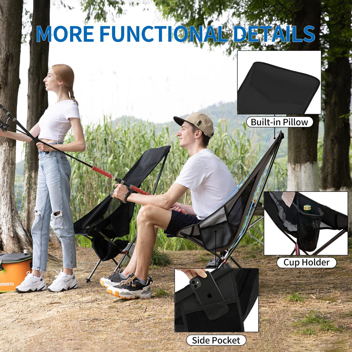 SHALLWE Camping Chairs, All Aluminum Frame Portable Folding Camp Chair for Adults, Heavy Duty Collapsible for Backpacking, Hiking, Beach, Sports (Black)