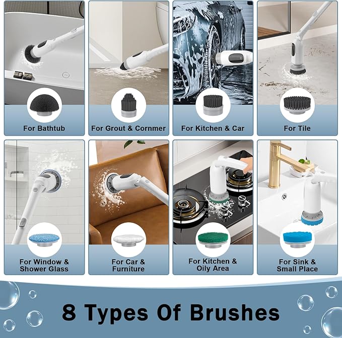 Electric Spin Scrubber, 2025 Upgraded Cordless Bathroom Scrubber, Aluminum Alloy Telescopic Handle, Shower Cleaner Brush with LED Display, 3 Speeds, 8 Brush Heads, IPX7 Bathtub Electric Cleaning Tool