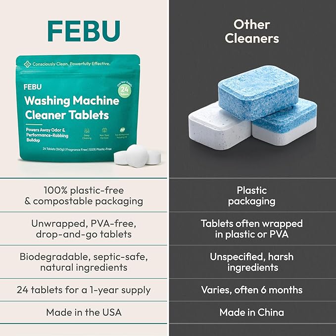 FEBU Washing Machine Cleaner Tablets Made in USA | Washer Machine Cleaner Tablets & Deodorizer | Removes Gunk & Grime | 7 Natural, Biodegradable, Plant-Based Ingredients | 24 Tablets - 12 Month Supply
