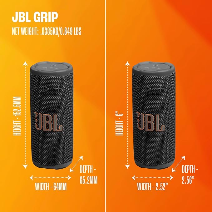 JBL Grip - Compact Bluetooth Speaker with Bold Pro Sound and Ambient Light, up to 14 Hours of Playtime, Water, Dust and Drop-Proof (IP68), & Multi-Speaker Connection with Auracast™ (Orange)