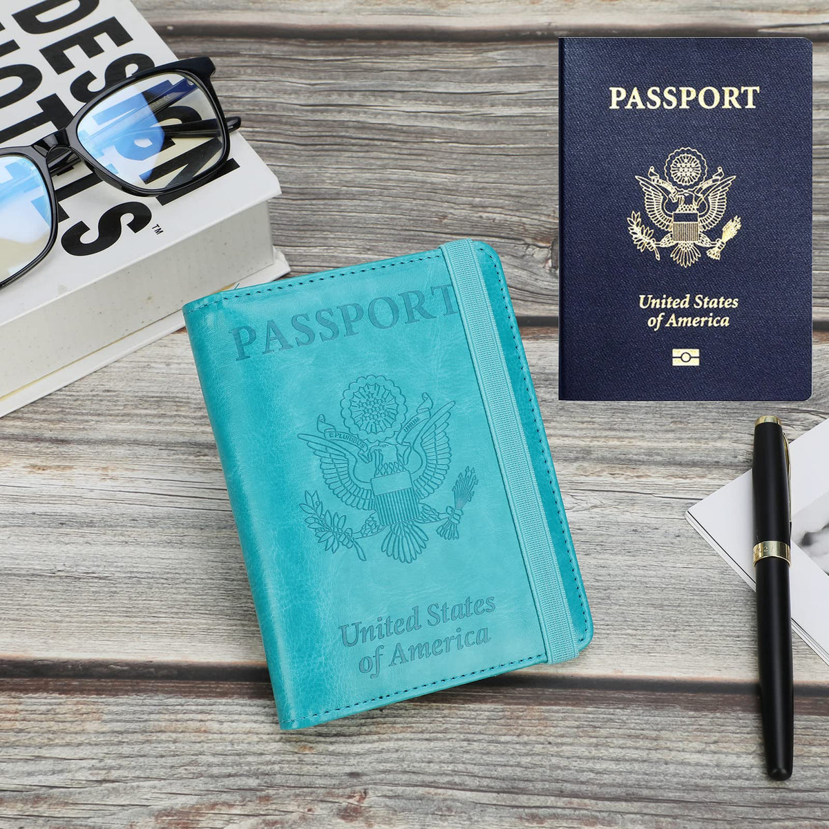 GDTK Leather Passport Holder Cover Case RFID Blocking Travel Wallet (Sky Blue)