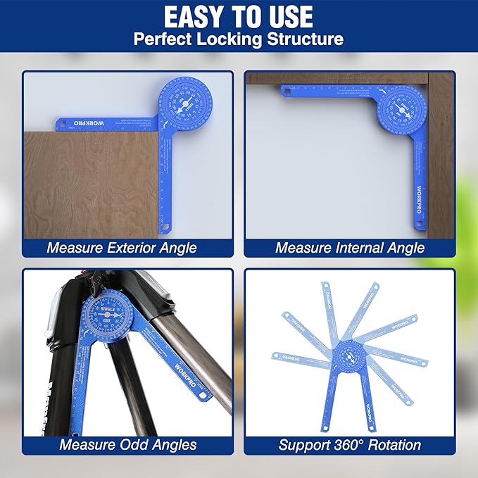 WORKPRO Aluminum Miter Saw Protractor, 7.3 Inch Angle Finder Featuring Precision Laser Engraved Scales for Inside and Outside Corner, Carpenters, Plumbers and All Building Trades, 360° Rotation, Blue