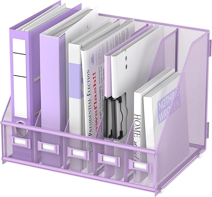 SUPEASY Desk Organizers Metal Desk Magazine File Holder with 5 Vertical Compartments Rack File Organizer for Office Desktop, Home Workspace, Purple Plus